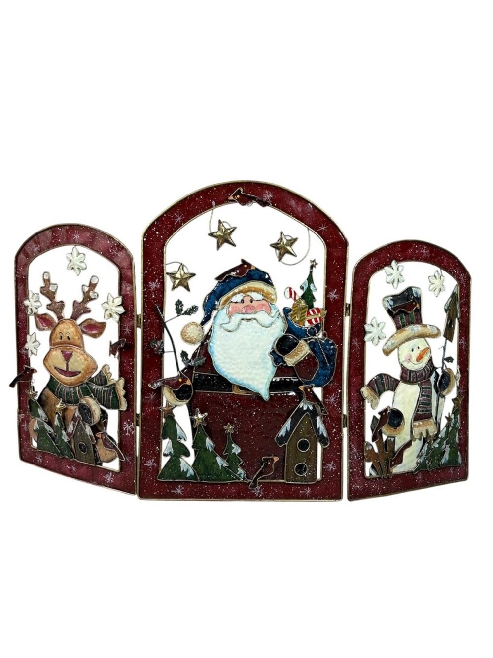 VTG Holiday Metal 3 Panel Folding Fireplace Screen Santa Claus Reindeer Snowman